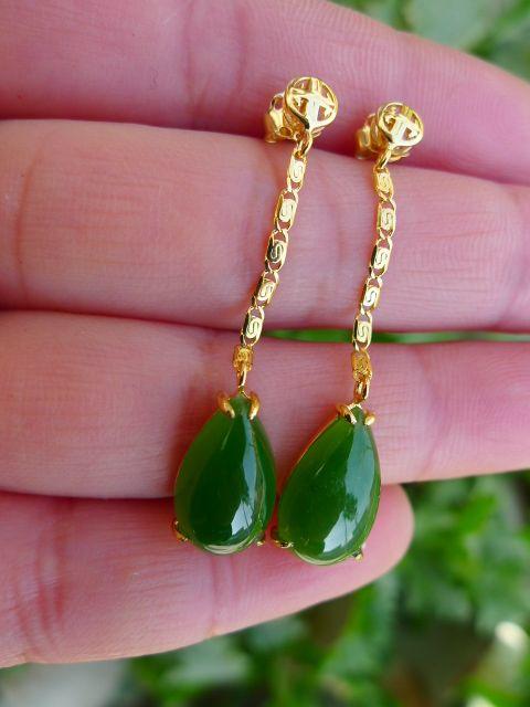 天然和田碧玉金镶玉耳环一对水滴18k黄金_天