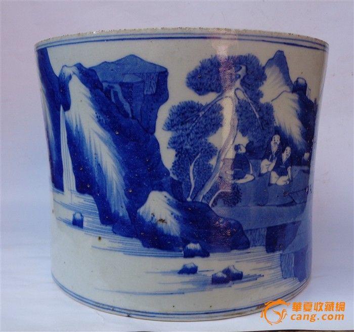 【联盟】清康熙文章山斗山水人物纹笔筒_【联