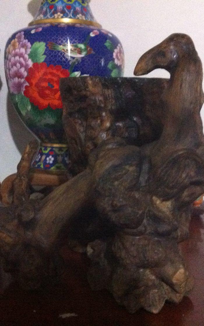 崖柏根雕 金刚和凤凰鸟 还一个笔筒_崖柏根雕