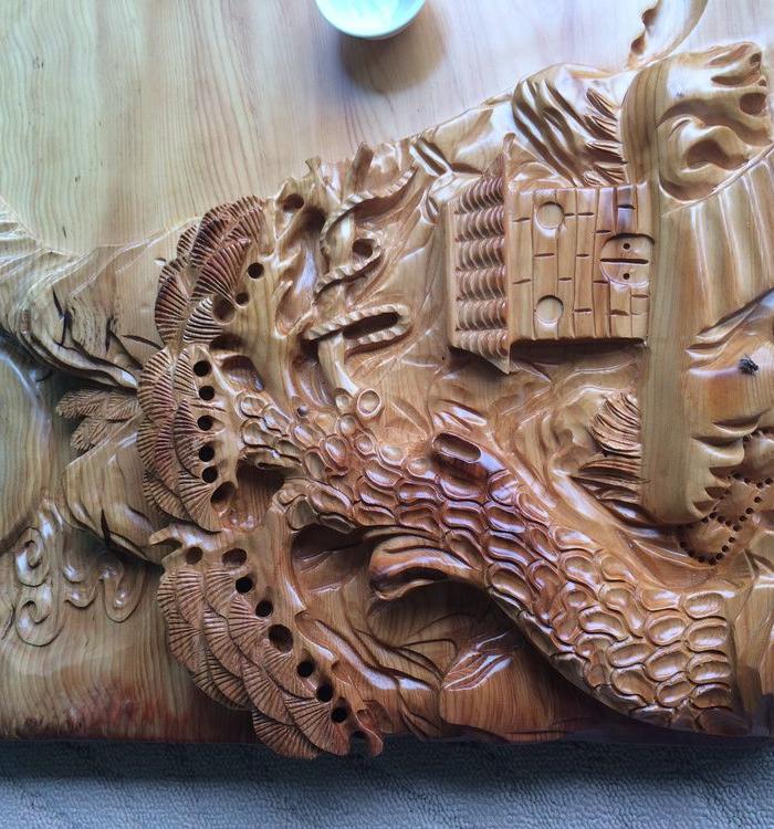 红豆杉山水茶盘 平雕 色泽统一 富有诗意 福建仙