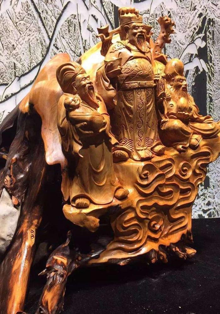 太行山崖柏老料根抱石,《福禄寿三星报喜》_太