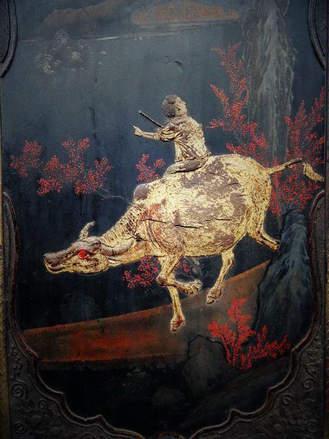 民国。杜牧的《清明》诗意图。堆灰堆漆工艺。