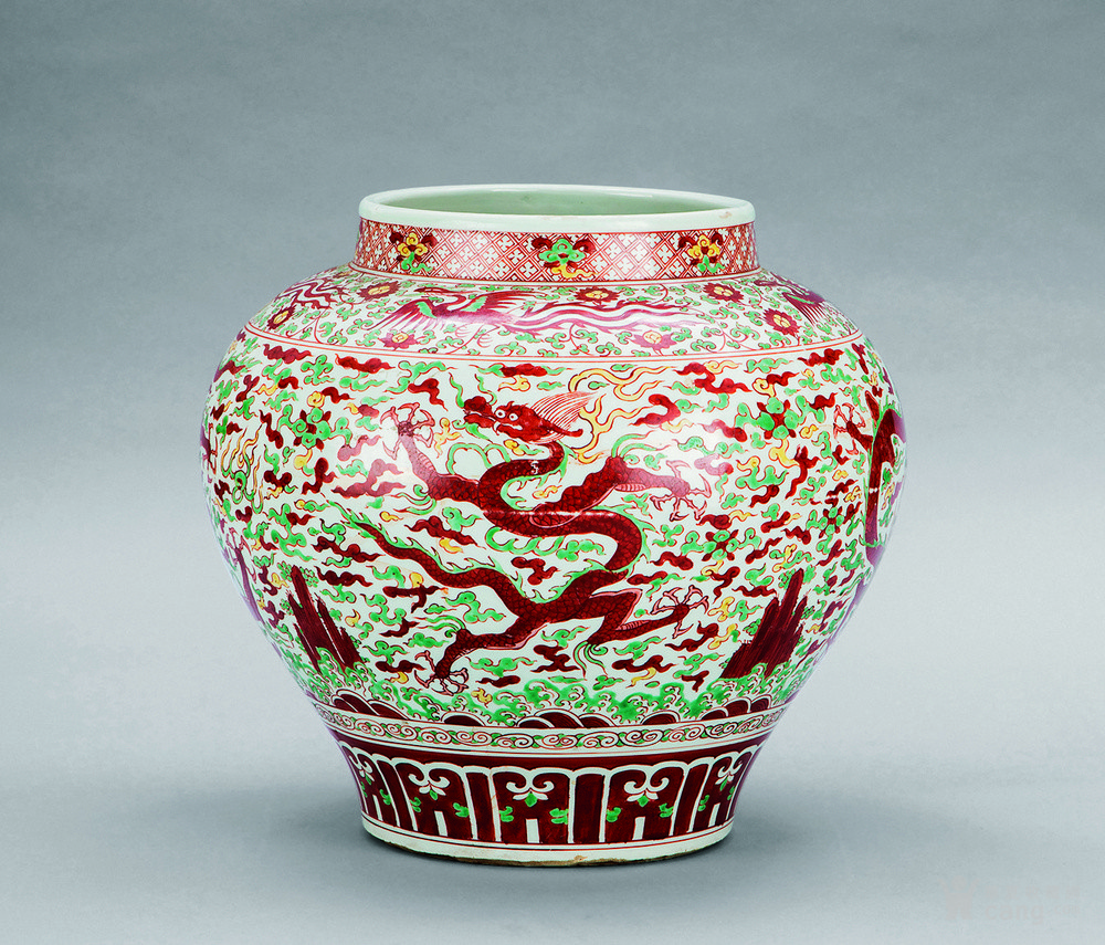 明代1368 1644 红绿彩龙凤纹大罐