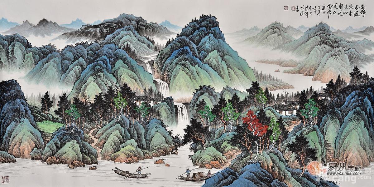 国画家吴大恺写意山水画作品《春山泛舟图》