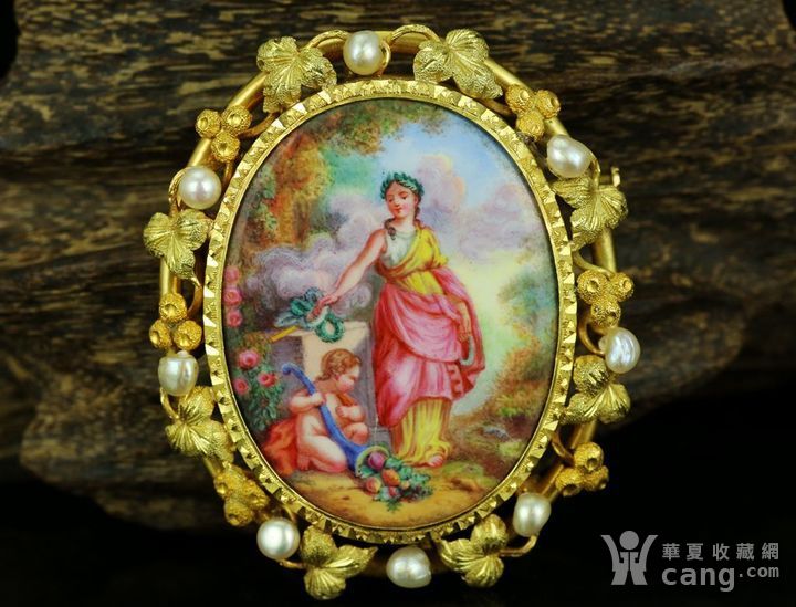 欧洲古董18K黄金天然珍珠母贝胎烧手绘珐琅天使和女神胸针