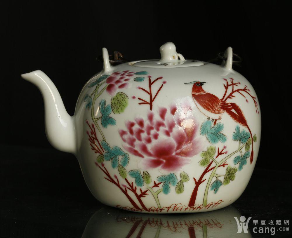 清同治 名家汪介眉 粉彩 花鸟纹 大茶壶